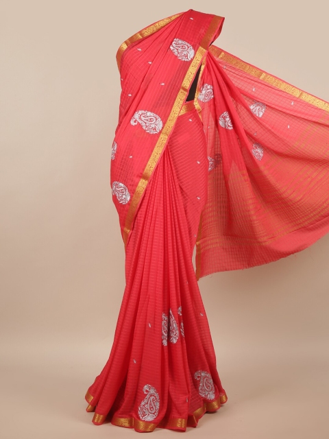 

Pothys Coral & White Paisley Embroidered Saree