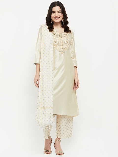 

max Women Off White Ethnic Motifs Yoke Design Thread Work Kurta with Trousers & Dupatta