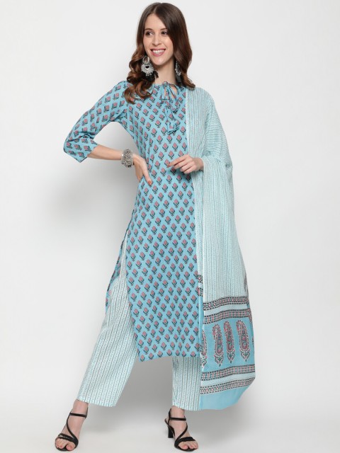 

THE NKS PLUS Women Blue Pure Cotton Kurti with Pants & Dupatta