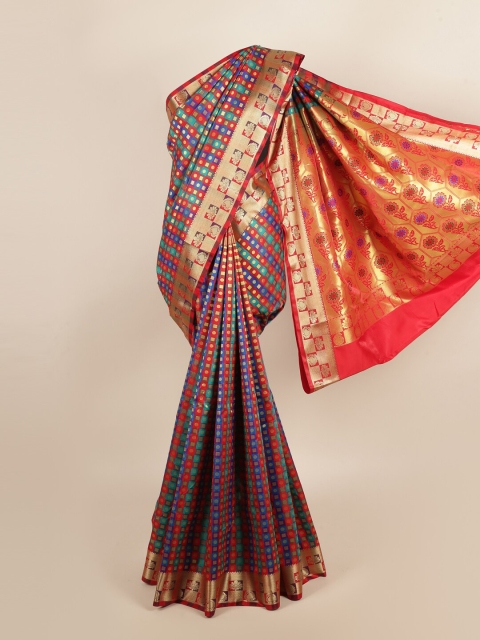 

Pothys Blue & Red Checked Zari Art Silk Saree
