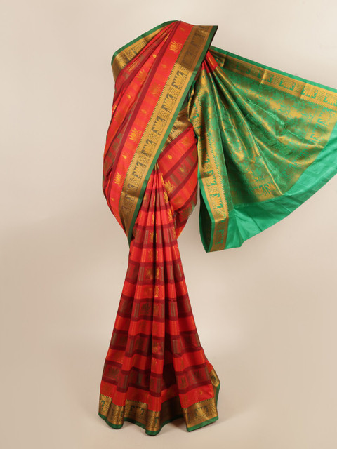 

Pothys Orange & Green Ethnic Motifs Zari Art Silk Saree