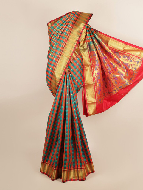 

Pothys Blue & Orange Checked Art Silk Saree