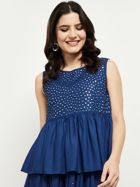 

max Navy Blue Embellished Cinched Waist Top