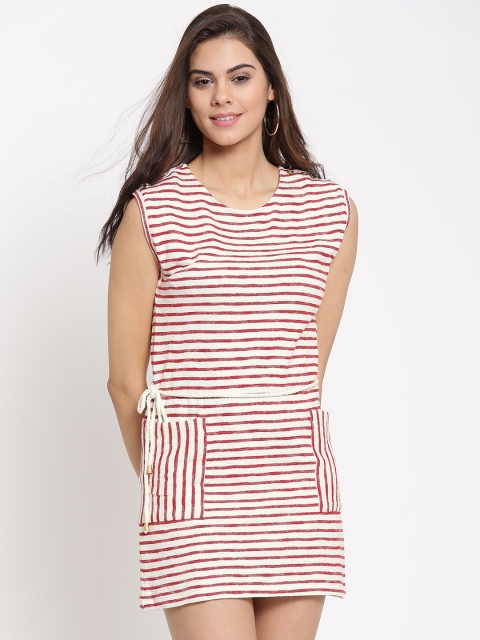 

FOREVER 21 Women Off-White Striped Belted Dress