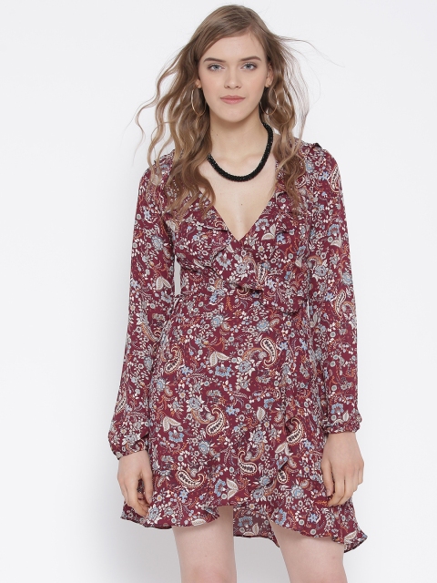 

FOREVER 21 Women Burgundy Printed Wrap Dress