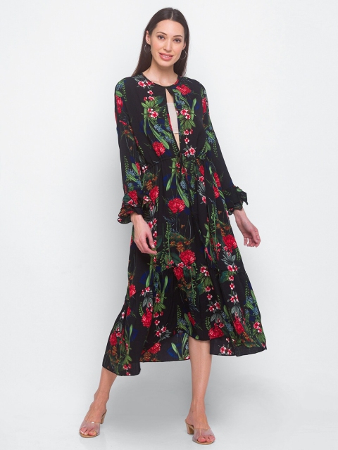 

LYKKEIN Black & Red Floral Keyhole Neck Midi Dress