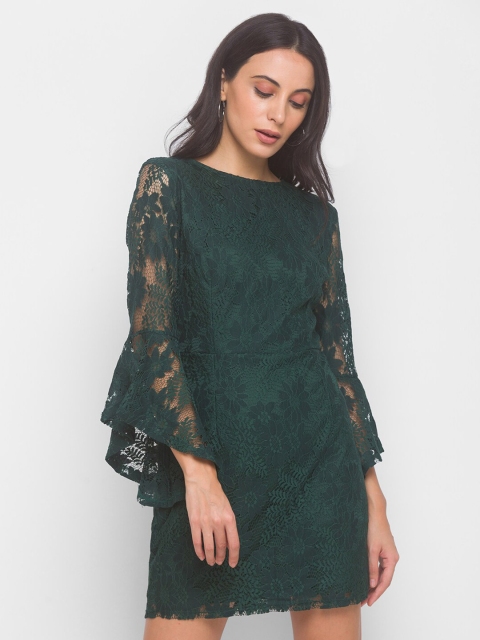 

LYKKEIN Green Self Design Round Neck Cotton Sheath Dress