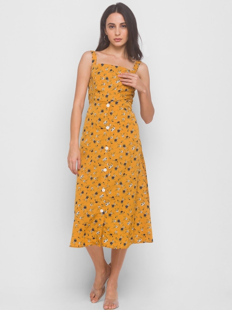 

LYKKEIN Yellow & Black Floral Shoulder Straps A-Line Midi Dress