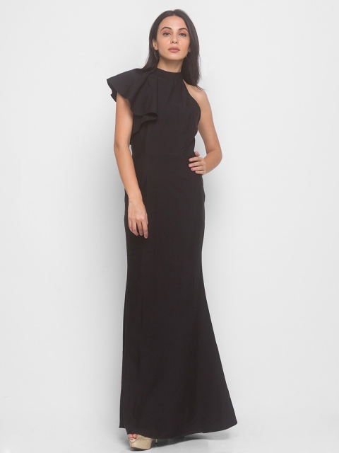 

LYKKEIN Black Solid Flounce Shoulder Maxi Dress