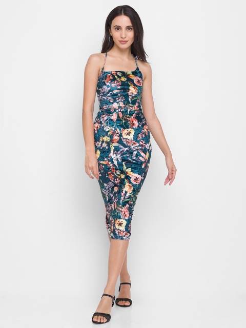 

LYKKEIN Multicoloured Floral Halter Neck Bodycon Midi Dress, Multi