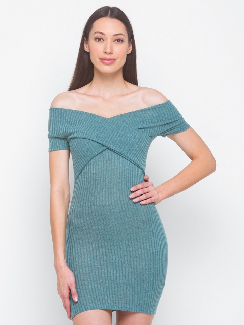 

LYKKEIN Sea Green Striped Off-Shoulder Bodycon Mini Dress