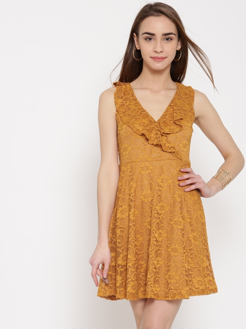 

FOREVER 21 Women Mustard Yellow Lace Fit & Flare Dress