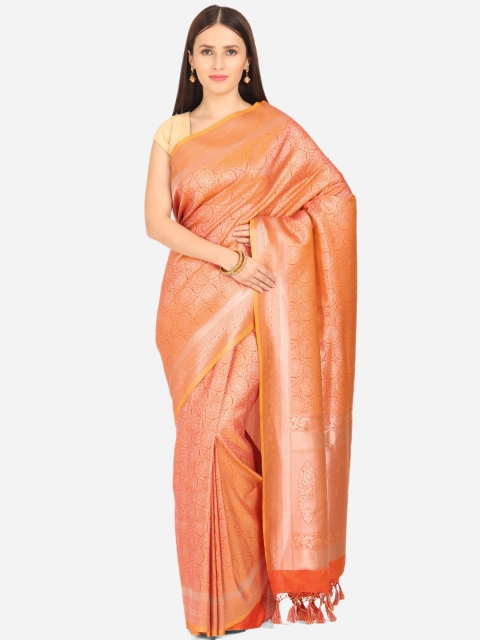 

BOMBAY SELECTIONS Orange & Silver-Toned Floral Art Silk Banarasi Saree