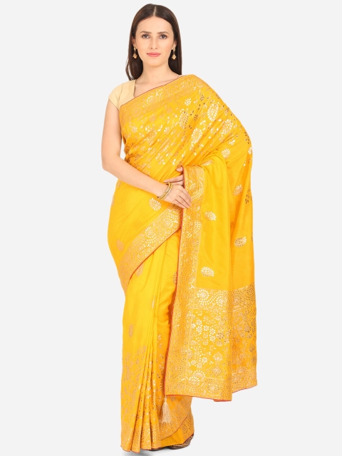 

BOMBAY SELECTIONS Yellow & Gold-Toned Floral Banarasi Art Silk Saree