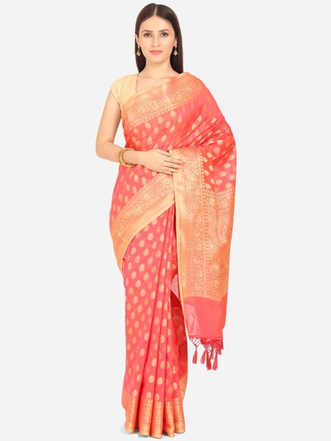 

BOMBAY SELECTIONS Coral & Gold-Coloured Ethnic Motifs Zari Banarasi Saree