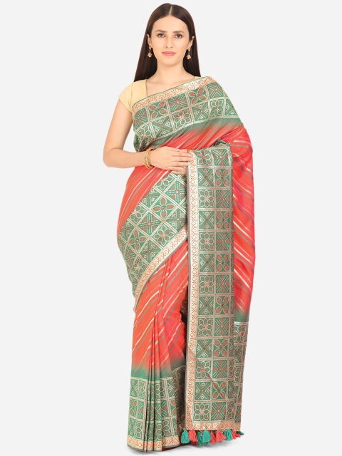 

BOMBAY SELECTIONS Coral & Green Striped Zari Art Silk Banarasi Saree