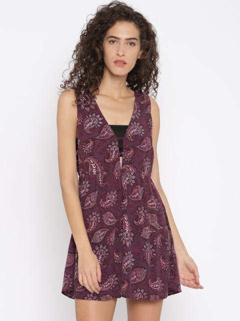 

FOREVER 21 Women Burgundy Printed Fit & Flare Dress