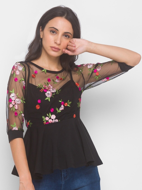 

LYKKEIN Black Floral Velvet Peplum Top