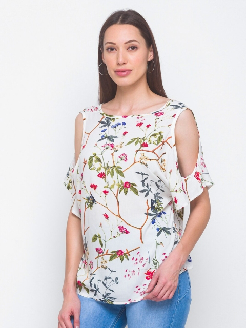 

LYKKEIN White & Red Floral Printed Regular Top