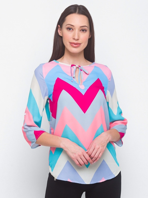 

LYKKEIN Multicoloured Geometric Tie-Up Neck Regular Top, Multi