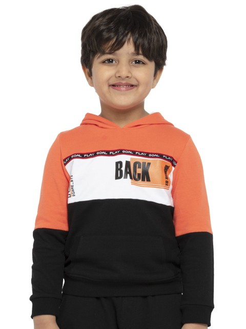 

UNDER FOURTEEN ONLY Boys Orange Colourblocked Hooded Sweatshirt