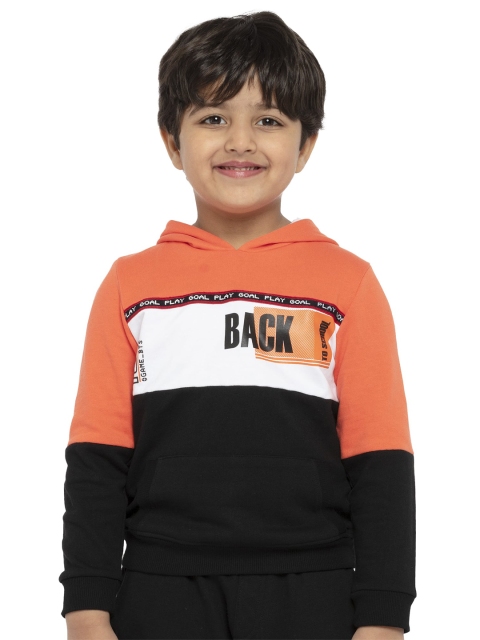 

UNDER FOURTEEN ONLY Boys Orange & Black Colourblocked Hooded Cotton Sweatshirt