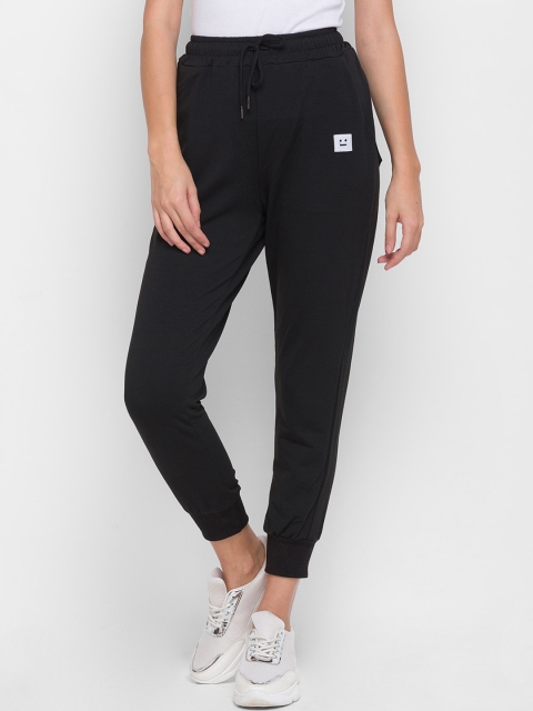 

LYKKEIN Women Black Face Patch Graphic Drawstring Joggers Trousers