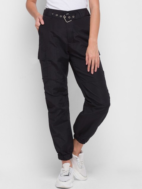 

LYKKEIN Women Black Belted Ankle-Cut Cargo Joggers Trousers