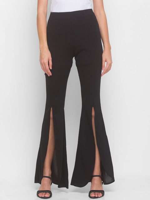 

LYKKEIN Women Black Loose Fit Split Front Flared Bootcut Trousers