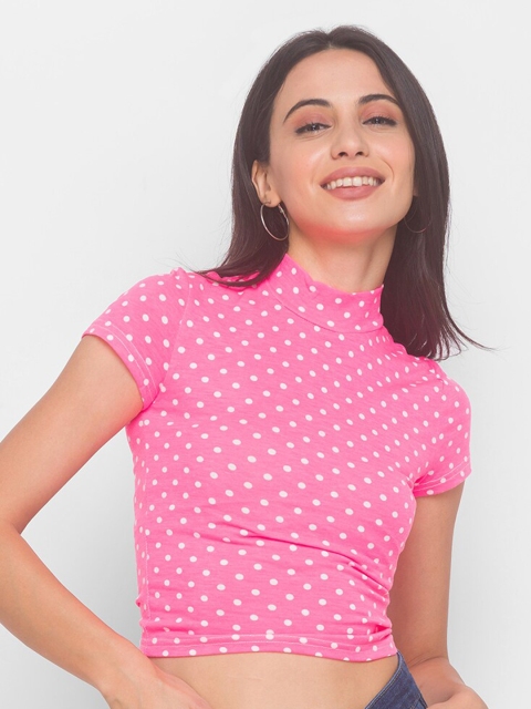

LYKKEIN Women Pink & White Polka Dots Printed Slim Fit Crop T-shirt