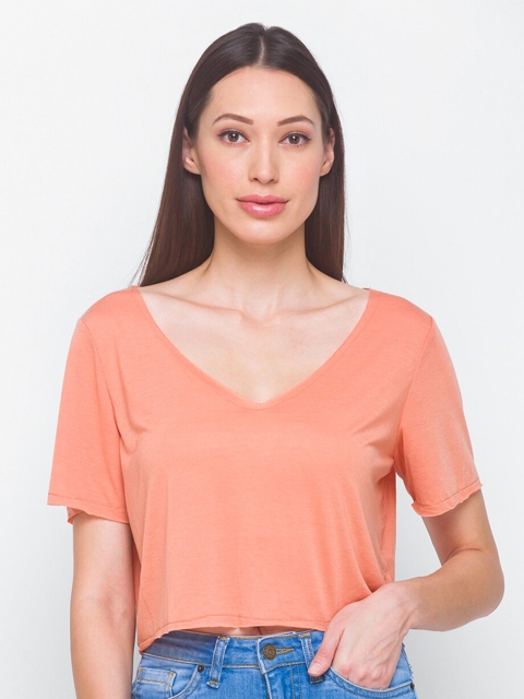 

LYKKEIN Women Camel Peach Solid Crop T-shirt