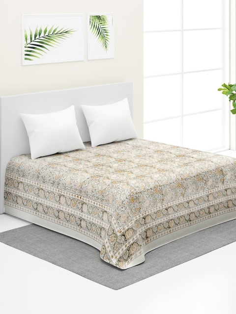 

Fabindia Grey & Yellow Floral Printed Cotton Double Queen Bedcover