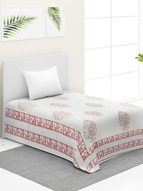 

Fabindia White & Coral Floral Printed Cotton Double Bed Cover