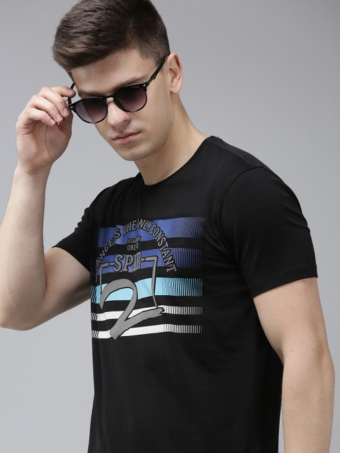 

SPYKAR Men Black Brand Logo Printed Slim Fit Pure Cotton T-shirt