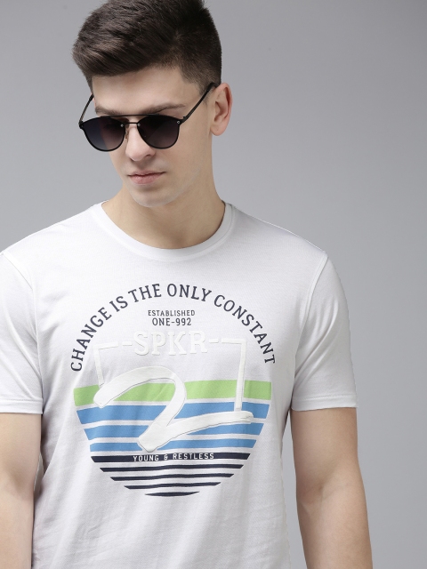 

SPYKAR Men White Brand Logo Printed Slim Fit Round Neck Pure Cotton T-shirt