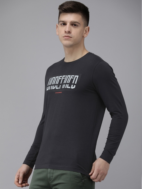 

SPYKAR Men Charcoal & White Typography Printed Applique Slim Fit T-shirt