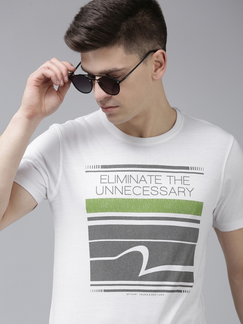 

SPYKAR Men White Typography Printed Slim Fit Round Neck Pure Cotton T-shirt