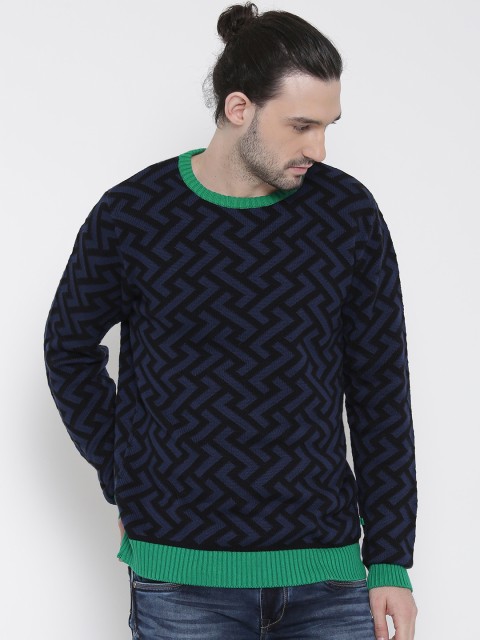 

United Colors of Benetton Men Blue & Black Patterned Sweater