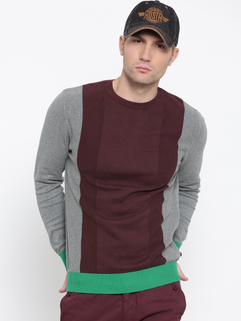 

United Colors of Benetton Men Burgundy & Grey Melange Colourblocked Sweater