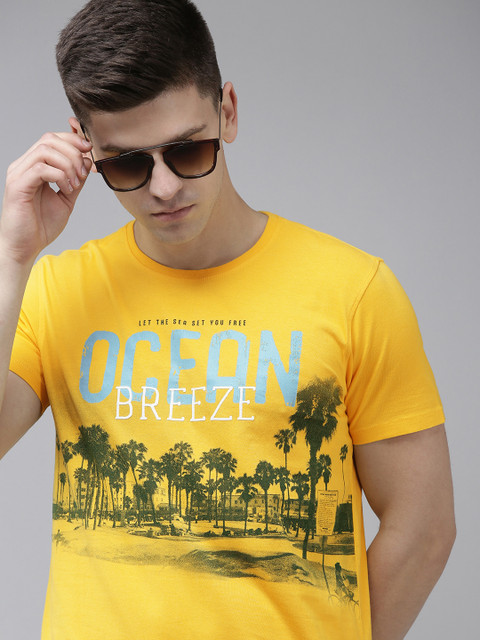 

SPYKAR Men Yellow & Blue Printed Slim Fit T-shirt