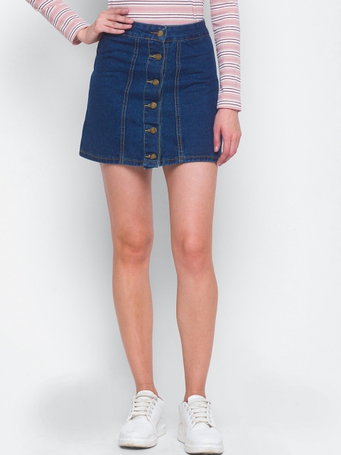 

LYKKEIN Women Blue Solid A-Line Denim Skirt