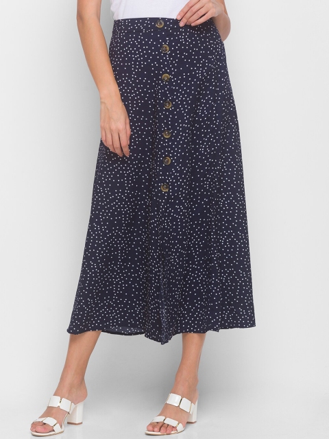 

LYKKEIN Women Navy Blue & White Printed Midi Length A-line Skirt