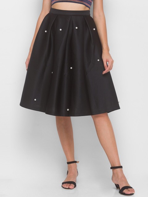 

LYKKEIN Women Black Solid Knee Length Flared Skirt