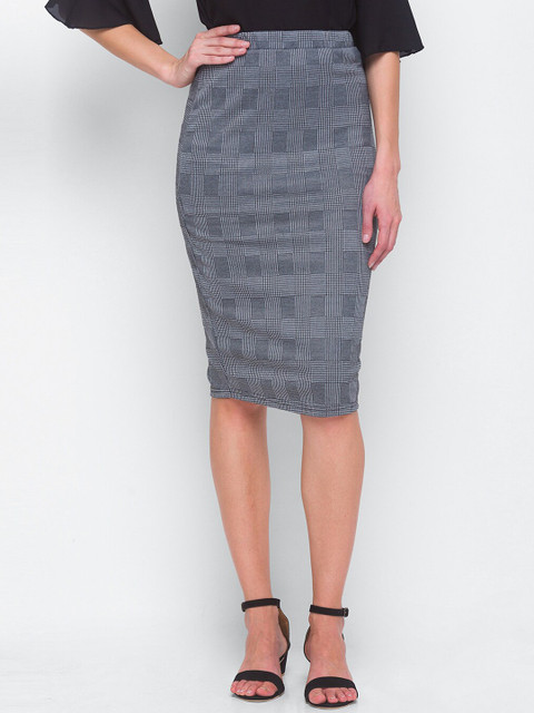 

LYKKEIN Women Grey Checked Midi Length Pencil Skirt
