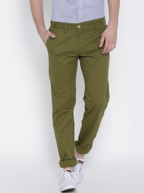 

United Colors of Benetton Men Olive Green Solid Slim Fit Flat-Front Trousers