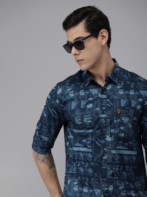 

SPYKAR Men Blue Printed Slim Fit Pure Cotton Casual Shirt