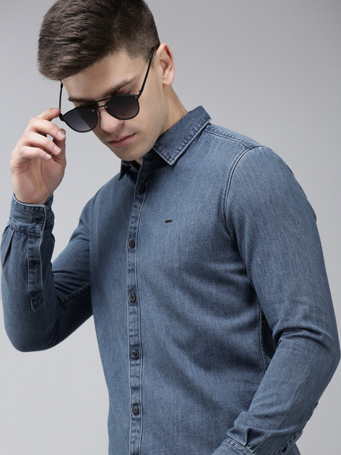 

SPYKAR Men Blue Solid Slim Fit Cotton Denim Shirt