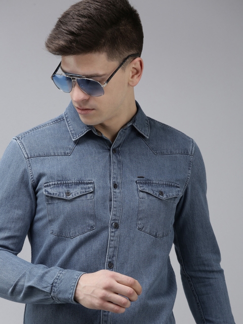 

SPYKAR Men Blue Solid Slim Fit Cotton Denim Shirt