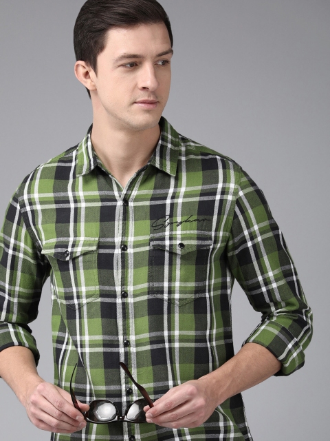 

SPYKAR Men Olive Green And White Slim Fit Checked Casual Shirt