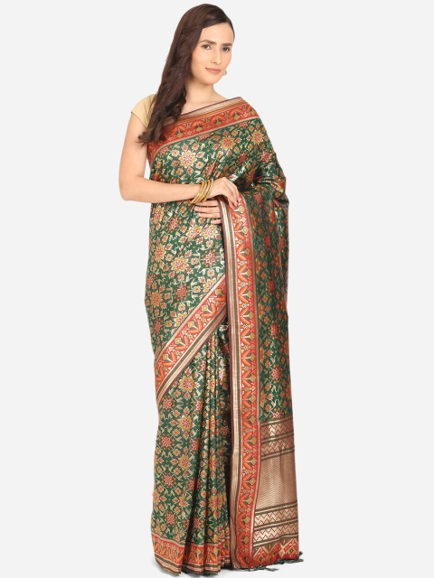 

BOMBAY SELECTIONS Green & Orange Woven Design Zari Art Silk Patola Saree